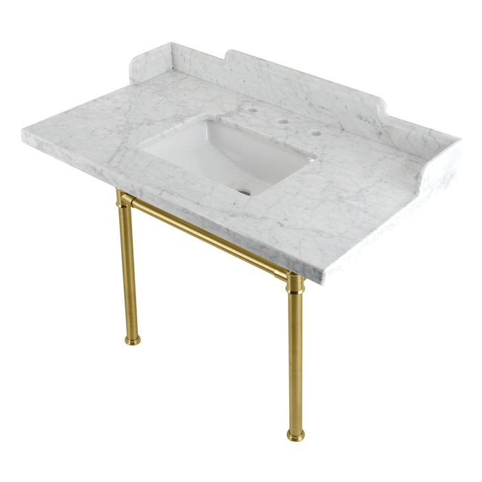 Kingston Tulare LMS36M8SQ7ST - Dreyden 36-Inch Carrara Marble Console Sink with Stainless Steel Legs (8-Inch, 3-Hole), Carrara Marble White/Brushed Brass