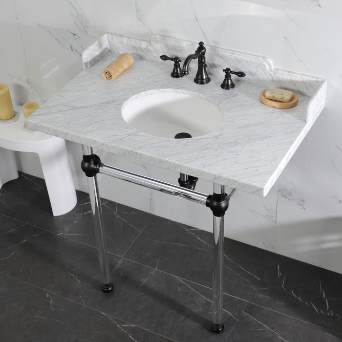 Kingston Tulare LMS36MA0 - Pemberton 36-Inch Carrara Marble Console Sink with Acrylic Legs (8-Inch, 3-Hole), Carrara Marble White/Matte Black