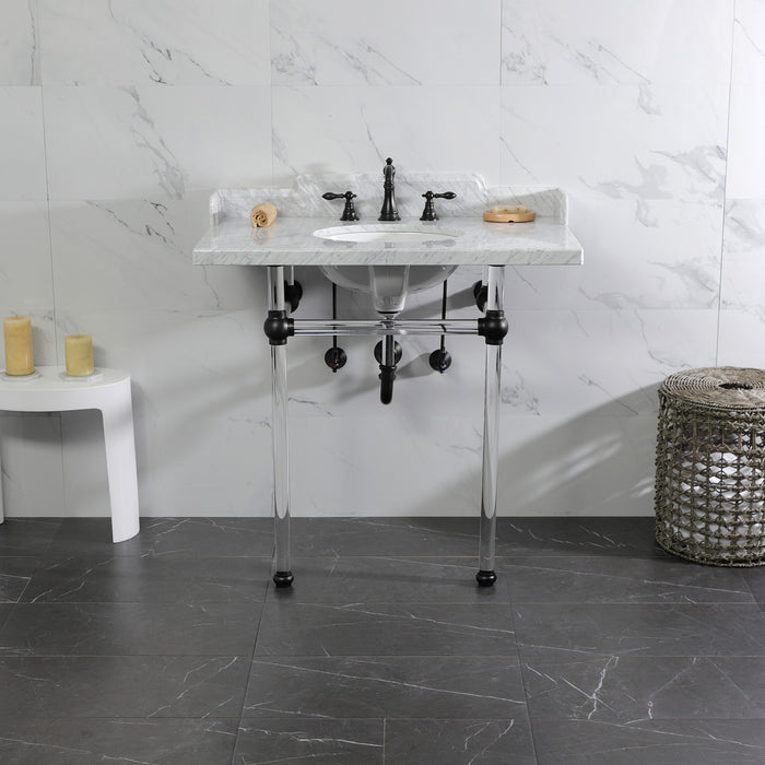 Kingston Tulare LMS36MA0 - Pemberton 36-Inch Carrara Marble Console Sink with Acrylic Legs (8-Inch, 3-Hole), Carrara Marble White/Matte Black