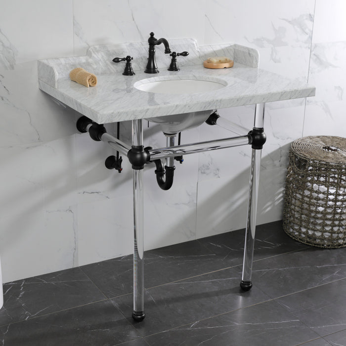 Kingston Tulare LMS36MA0 - Pemberton 36-Inch Carrara Marble Console Sink with Acrylic Legs (8-Inch, 3-Hole), Carrara Marble White/Matte Black