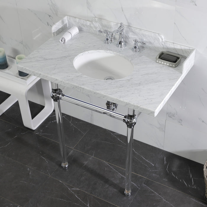 Kingston Tulare LMS36MA1 - Pemberton 36-Inch Carrara Marble Console Sink with Acrylic Legs (8-Inch, 3-Hole), Carrara Marble White/Polished Chrome