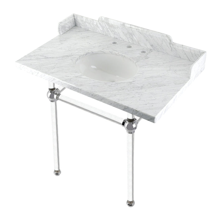 Kingston Tulare LMS36MA1 - Pemberton 36-Inch Carrara Marble Console Sink with Acrylic Legs (8-Inch, 3-Hole), Carrara Marble White/Polished Chrome