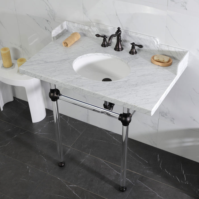 Kingston Tulare LMS36MA5 - Pemberton 36-Inch Carrara Marble Console Sink with Acrylic Legs (8-Inch, 3-Hole), Carrara Marble White/Oil Rubbed Bronze