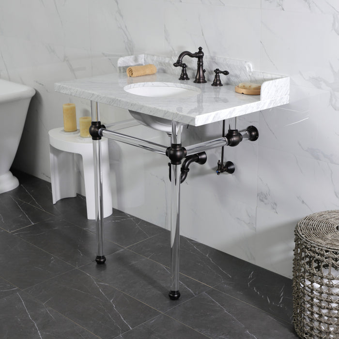Kingston Tulare LMS36MA5 - Pemberton 36-Inch Carrara Marble Console Sink with Acrylic Legs (8-Inch, 3-Hole), Carrara Marble White/Oil Rubbed Bronze