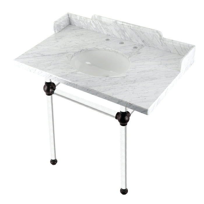 Kingston Tulare LMS36MA5 - Pemberton 36-Inch Carrara Marble Console Sink with Acrylic Legs (8-Inch, 3-Hole), Carrara Marble White/Oil Rubbed Bronze