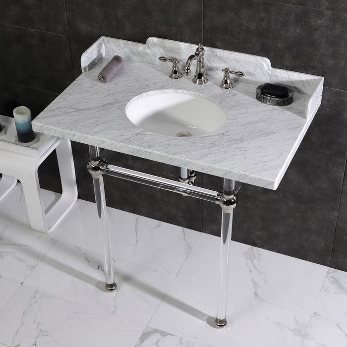 Kingston Tulare LMS36MA6 - Pemberton 36-Inch Carrara Marble Console Sink with Acrylic Legs (8-Inch, 3-Hole), Carrara Marble White/Polished Nickel