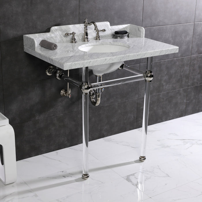 Kingston Tulare LMS36MA6 - Pemberton 36-Inch Carrara Marble Console Sink with Acrylic Legs (8-Inch, 3-Hole), Carrara Marble White/Polished Nickel