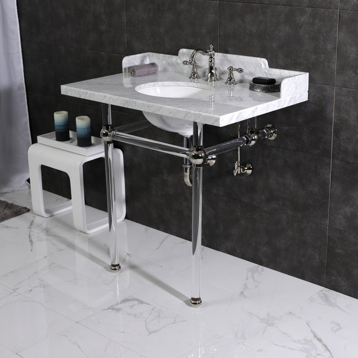 Kingston Tulare LMS36MA6 - Pemberton 36-Inch Carrara Marble Console Sink with Acrylic Legs (8-Inch, 3-Hole), Carrara Marble White/Polished Nickel