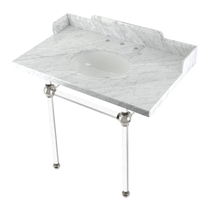 Kingston Tulare LMS36MA6 - Pemberton 36-Inch Carrara Marble Console Sink with Acrylic Legs (8-Inch, 3-Hole), Carrara Marble White/Polished Nickel