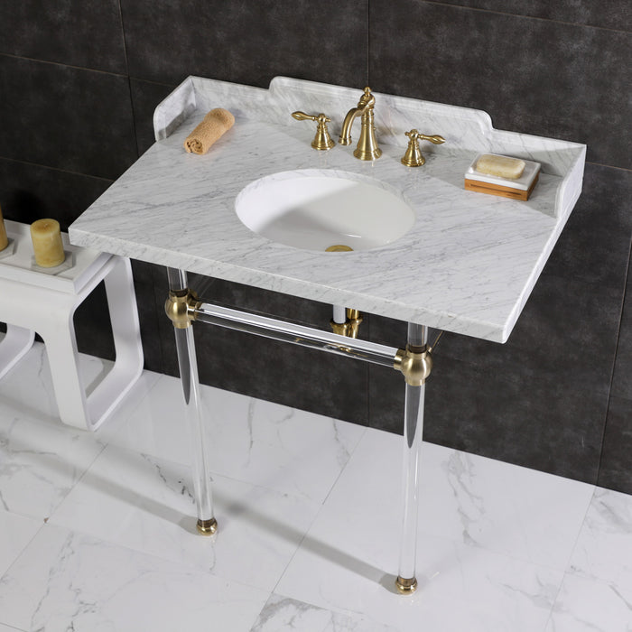 Kingston Tulare LMS36MA7 - Pemberton 36-Inch Carrara Marble Console Sink with Acrylic Legs (8-Inch, 3-Hole), Carrara Marble White/Brushed Brass