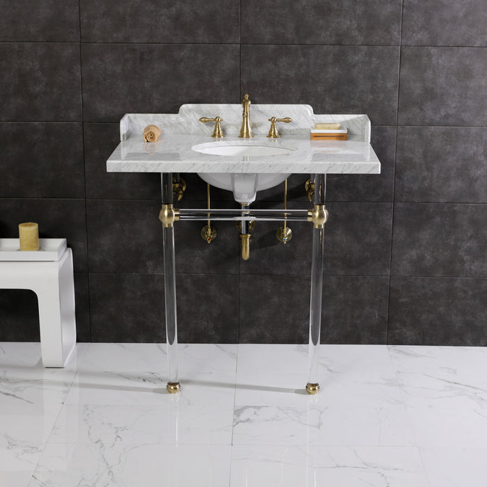 Kingston Tulare LMS36MA7 - Pemberton 36-Inch Carrara Marble Console Sink with Acrylic Legs (8-Inch, 3-Hole), Carrara Marble White/Brushed Brass