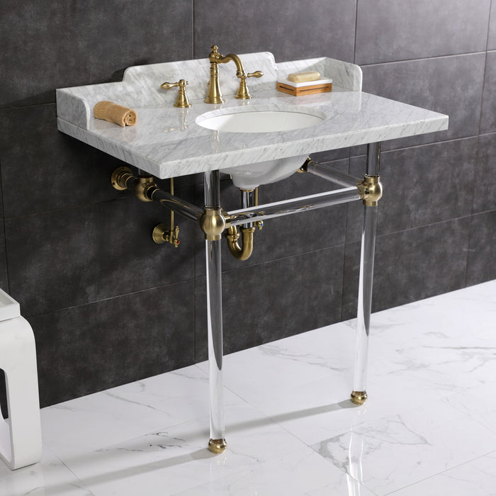 Kingston Tulare LMS36MA7 - Pemberton 36-Inch Carrara Marble Console Sink with Acrylic Legs (8-Inch, 3-Hole), Carrara Marble White/Brushed Brass