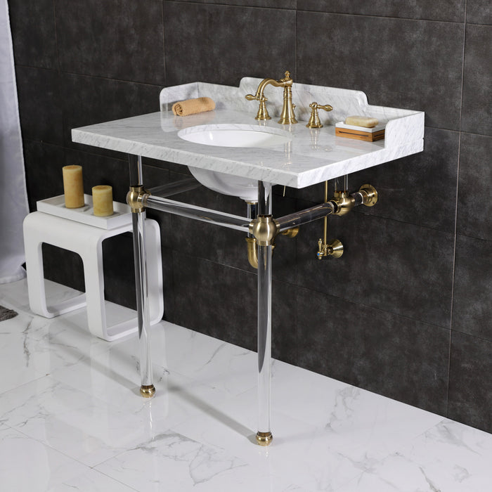 Kingston Tulare LMS36MA7 - Pemberton 36-Inch Carrara Marble Console Sink with Acrylic Legs (8-Inch, 3-Hole), Carrara Marble White/Brushed Brass