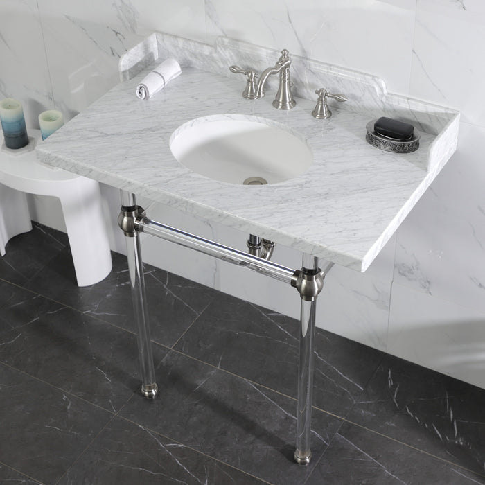 Kingston Tulare LMS36MA8 - Pemberton 36-Inch Carrara Marble Console Sink with Acrylic Legs (8-Inch, 3-Hole), Carrara Marble White/Brushed Nickel