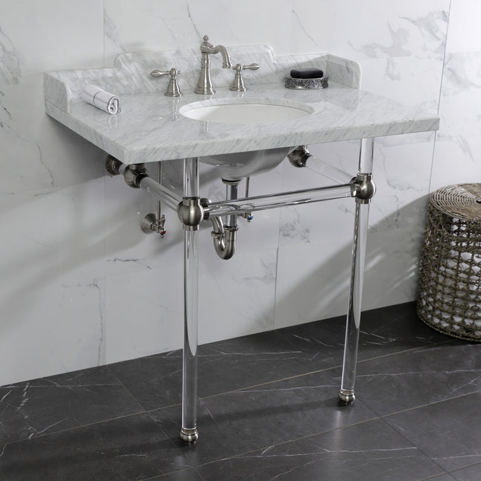 Kingston Tulare LMS36MA8 - Pemberton 36-Inch Carrara Marble Console Sink with Acrylic Legs (8-Inch, 3-Hole), Carrara Marble White/Brushed Nickel