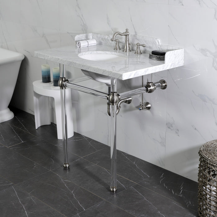 Kingston Tulare LMS36MA8 - Pemberton 36-Inch Carrara Marble Console Sink with Acrylic Legs (8-Inch, 3-Hole), Carrara Marble White/Brushed Nickel
