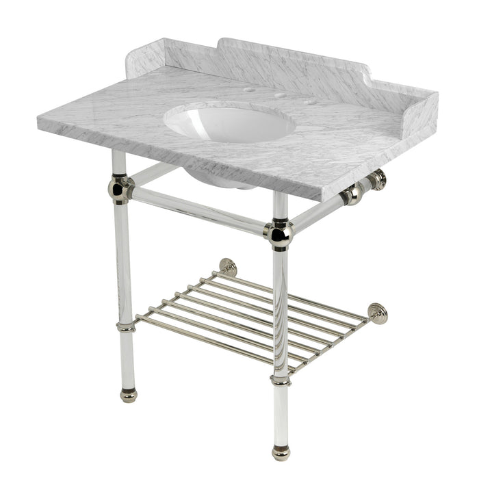 Kingston Tulare LMS36MAB6 - Pemberton 36-Inch Carrara Marble Console Sink with Acrylic Legs and Shelf (8-Inch, 3-Hole), Carrara Marble White/Polished Nickel