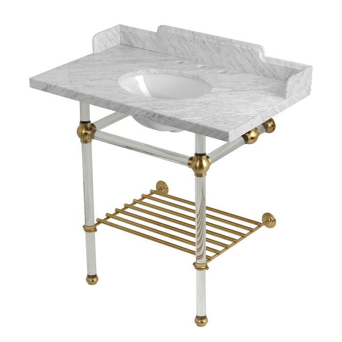 Kingston Tulare LMS36MAB7 - Pemberton 36-Inch Carrara Marble Console Sink with Acrylic Legs and Shelf (8-Inch, 3-Hole), Carrara Marble White/Brushed Brass