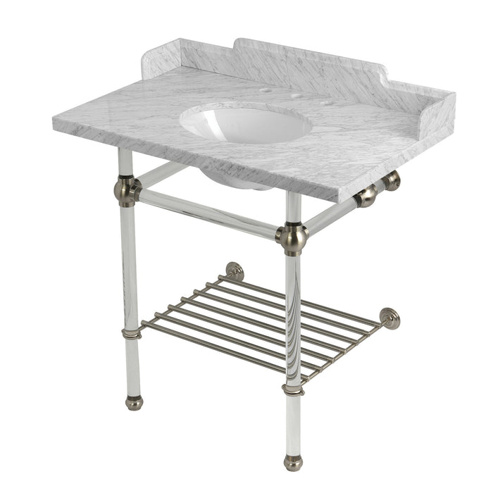 Kingston Tulare LMS36MAB8 - Pemberton 36-Inch Carrara Marble Console Sink with Acrylic Legs and Shelf (8-Inch, 3-Hole), Carrara Marble White/Brushed Nickel