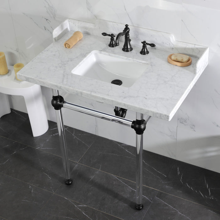 Kingston Tulare LMS36MASQ0 - Pemberton 36-Inch Carrara Marble Console Sink with Acrylic Legs (8-Inch, 3-Hole), Carrara Marble White/Matte Black