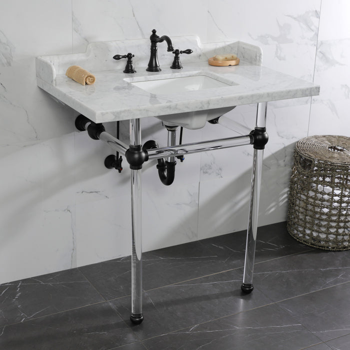 Kingston Tulare LMS36MASQ0 - Pemberton 36-Inch Carrara Marble Console Sink with Acrylic Legs (8-Inch, 3-Hole), Carrara Marble White/Matte Black