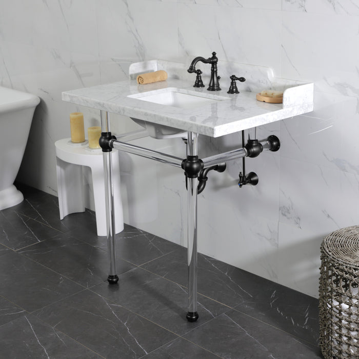 Kingston Tulare LMS36MASQ0 - Pemberton 36-Inch Carrara Marble Console Sink with Acrylic Legs (8-Inch, 3-Hole), Carrara Marble White/Matte Black