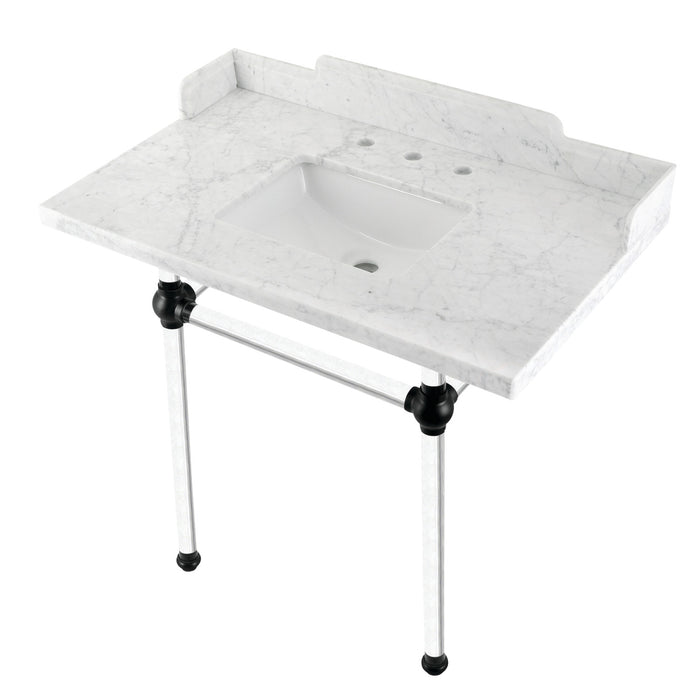 Kingston Tulare LMS36MASQ0 - Pemberton 36-Inch Carrara Marble Console Sink with Acrylic Legs (8-Inch, 3-Hole), Carrara Marble White/Matte Black