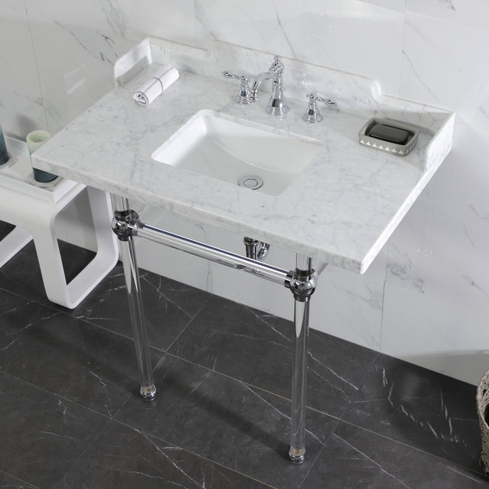 Kingston Tulare LMS36MASQ1 - Pemberton 36-Inch Carrara Marble Console Sink with Acrylic Legs (8-Inch, 3-Hole), Carrara Marble White/Polished Chrome
