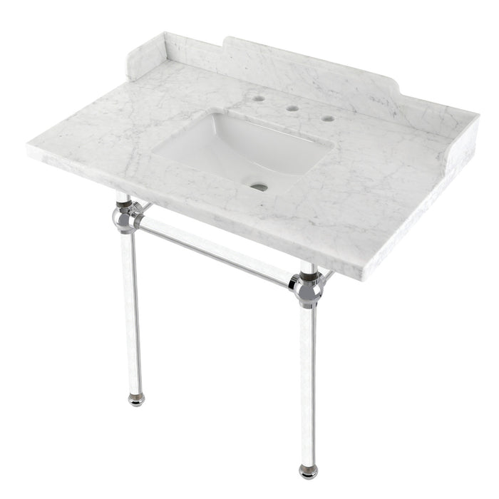 Kingston Tulare LMS36MASQ1 - Pemberton 36-Inch Carrara Marble Console Sink with Acrylic Legs (8-Inch, 3-Hole), Carrara Marble White/Polished Chrome