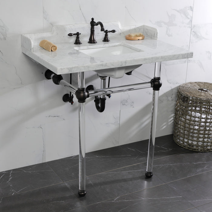 Kingston Tulare LMS36MASQ5 - Pemberton 36-Inch Carrara Marble Console Sink with Acrylic Legs (8-Inch, 3-Hole), Carrara Marble White/Oil Rubbed Bronze