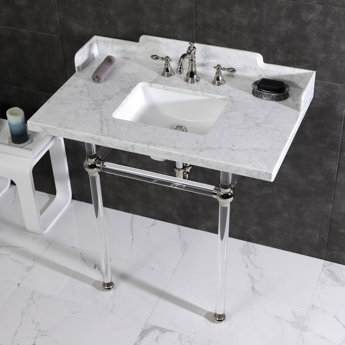 Kingston Tulare LMS36MASQ6 - Pemberton 36-Inch Carrara Marble Console Sink with Acrylic Legs (8-Inch, 3-Hole), Carrara Marble White/Polished Nickel