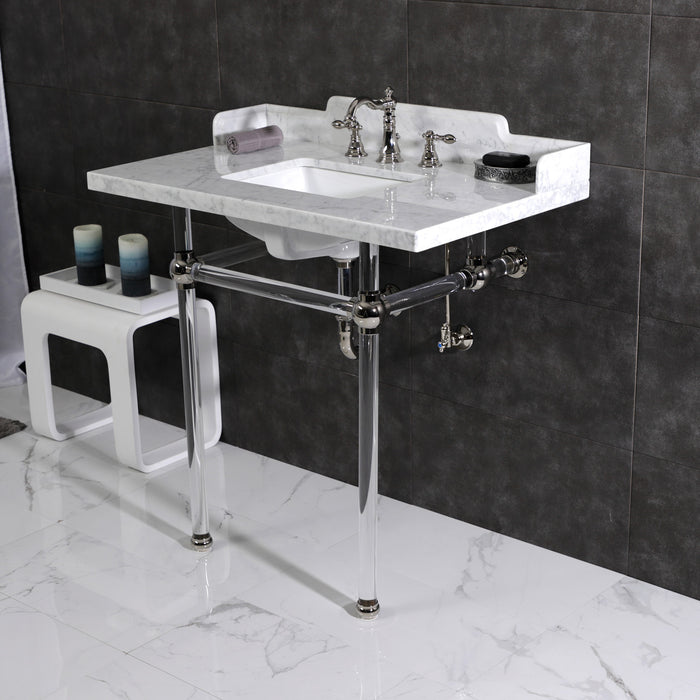 Kingston Tulare LMS36MASQ6 - Pemberton 36-Inch Carrara Marble Console Sink with Acrylic Legs (8-Inch, 3-Hole), Carrara Marble White/Polished Nickel
