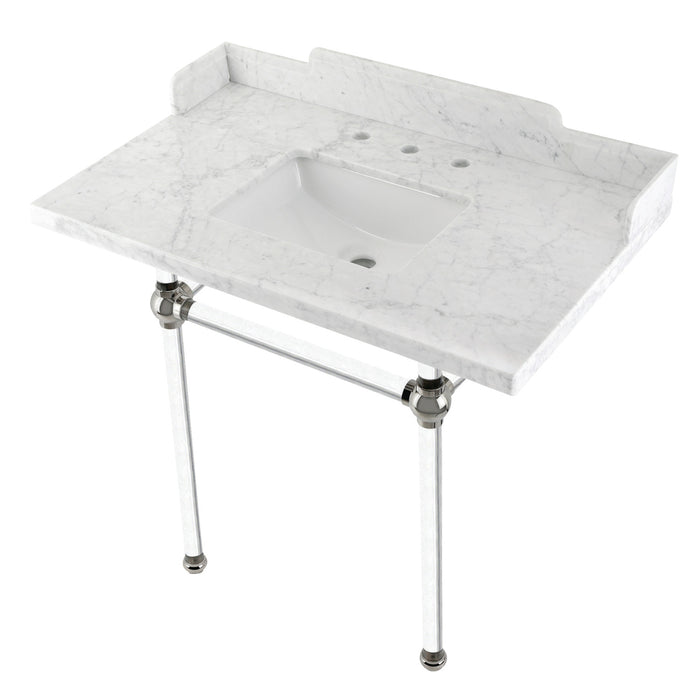 Kingston Tulare LMS36MASQ6 - Pemberton 36-Inch Carrara Marble Console Sink with Acrylic Legs (8-Inch, 3-Hole), Carrara Marble White/Polished Nickel