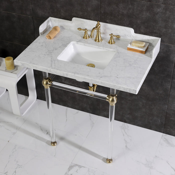 Kingston Tulare LMS36MASQ7 - Pemberton 36-Inch Carrara Marble Console Sink with Acrylic Legs (8-Inch, 3-Hole), Carrara Marble White/Brushed Brass