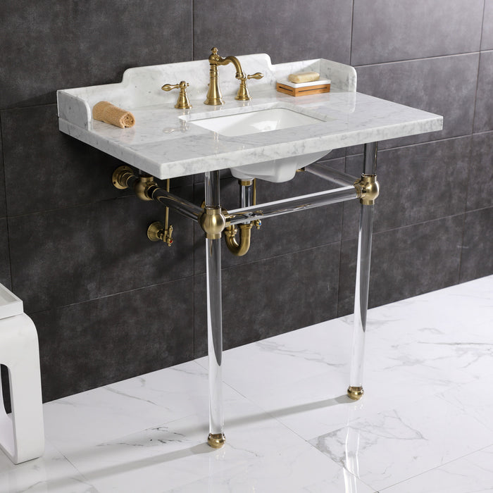 Kingston Tulare LMS36MASQ7 - Pemberton 36-Inch Carrara Marble Console Sink with Acrylic Legs (8-Inch, 3-Hole), Carrara Marble White/Brushed Brass
