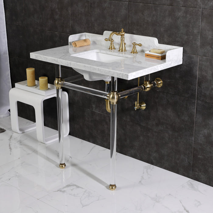 Kingston Tulare LMS36MASQ7 - Pemberton 36-Inch Carrara Marble Console Sink with Acrylic Legs (8-Inch, 3-Hole), Carrara Marble White/Brushed Brass