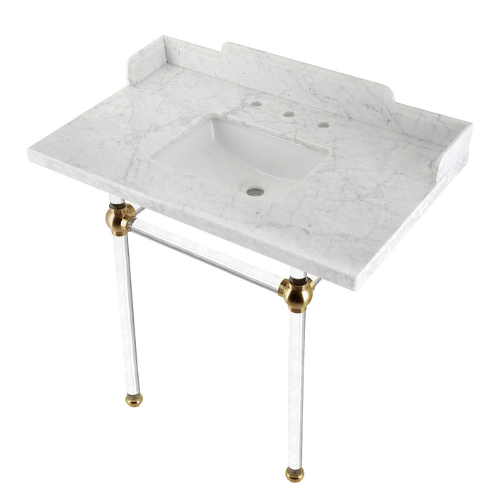Kingston Tulare LMS36MASQ7 - Pemberton 36-Inch Carrara Marble Console Sink with Acrylic Legs (8-Inch, 3-Hole), Carrara Marble White/Brushed Brass