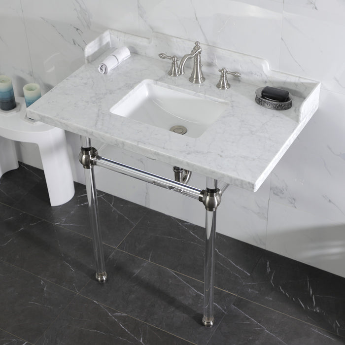 Kingston Tulare LMS36MASQ8 - Pemberton 36-Inch Carrara Marble Console Sink with Acrylic Legs (8-Inch, 3-Hole), Carrara Marble White/Brushed Nickel