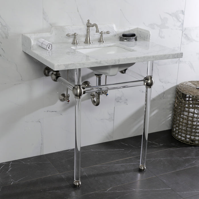 Kingston Tulare LMS36MASQ8 - Pemberton 36-Inch Carrara Marble Console Sink with Acrylic Legs (8-Inch, 3-Hole), Carrara Marble White/Brushed Nickel