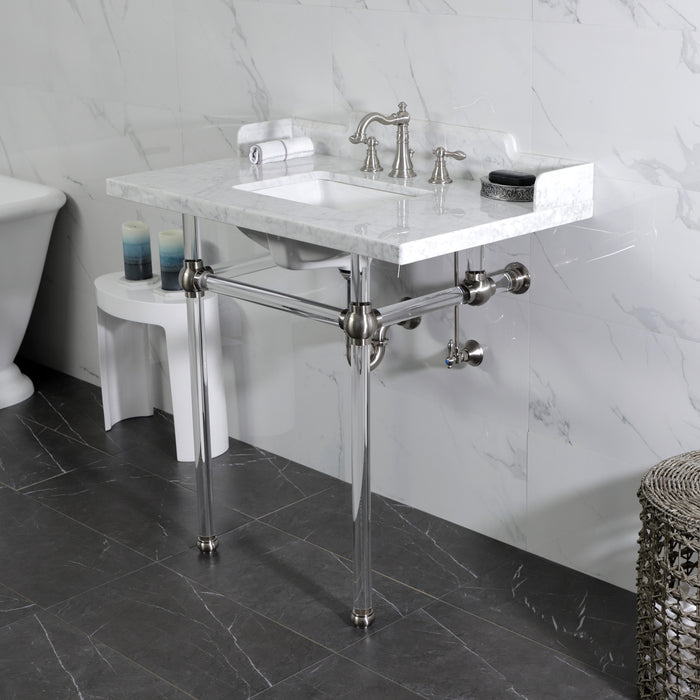 Kingston Tulare LMS36MASQ8 - Pemberton 36-Inch Carrara Marble Console Sink with Acrylic Legs (8-Inch, 3-Hole), Carrara Marble White/Brushed Nickel