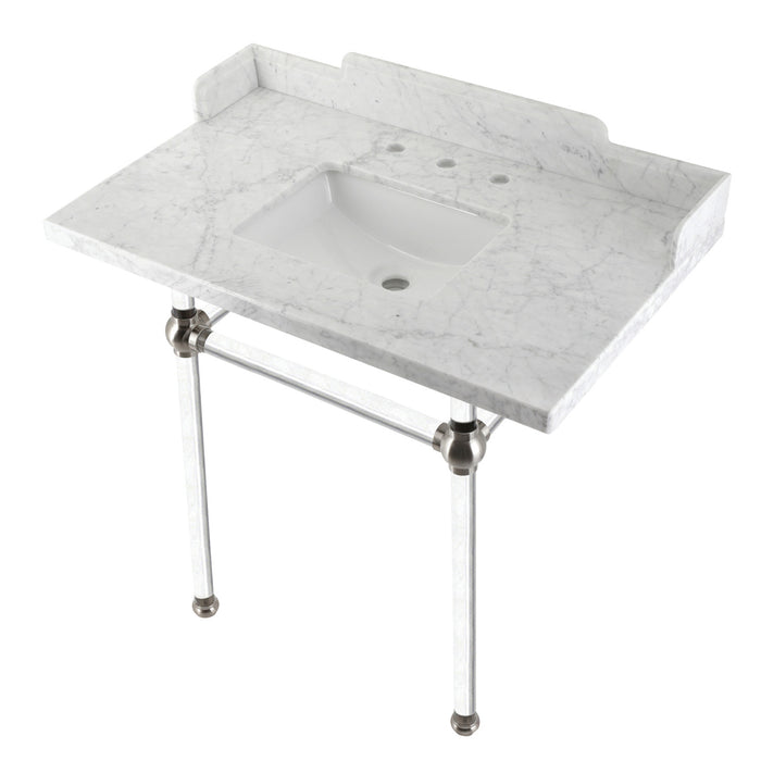 Kingston Tulare LMS36MASQ8 - Pemberton 36-Inch Carrara Marble Console Sink with Acrylic Legs (8-Inch, 3-Hole), Carrara Marble White/Brushed Nickel