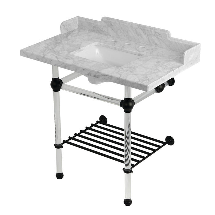 Kingston Tulare LMS36MASQB0 - Pemberton 36-Inch Carrara Marble Console Sink with Acrylic Legs and Shelf (8-Inch, 3-Hole), Carrara Marble White/Matte Black