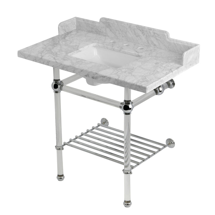 Kingston Tulare LMS36MASQB1 - Pemberton 36-Inch Carrara Marble Console Sink with Acrylic Legs and Shelf (8-Inch, 3-Hole), Carrara Marble White/Polished Chrome