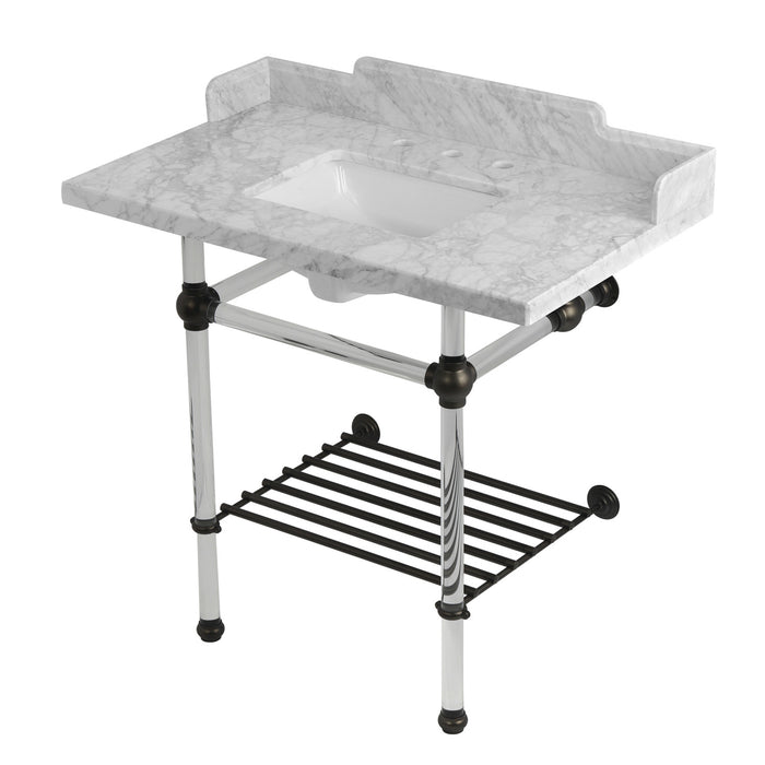 Kingston Tulare LMS36MASQB5 - Pemberton 36-Inch Carrara Marble Console Sink with Acrylic Legs and Shelf (8-Inch, 3-Hole), Carrara Marble White/Oil Rubbed Bronze