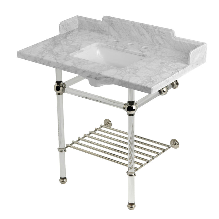 Kingston Tulare LMS36MASQB6 - Pemberton 36-Inch Carrara Marble Console Sink with Acrylic Legs and Shelf (8-Inch, 3-Hole), Carrara Marble White/Polished Nickel
