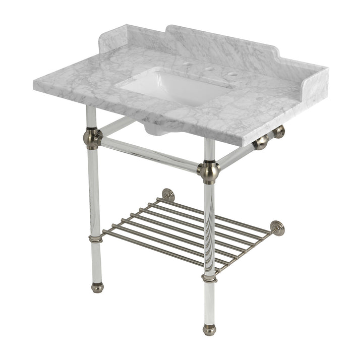 Kingston Tulare LMS36MASQB8 - Pemberton 36-Inch Carrara Marble Console Sink with Acrylic Legs and Shelf (8-Inch, 3-Hole), Carrara Marble White/Brushed Nickel