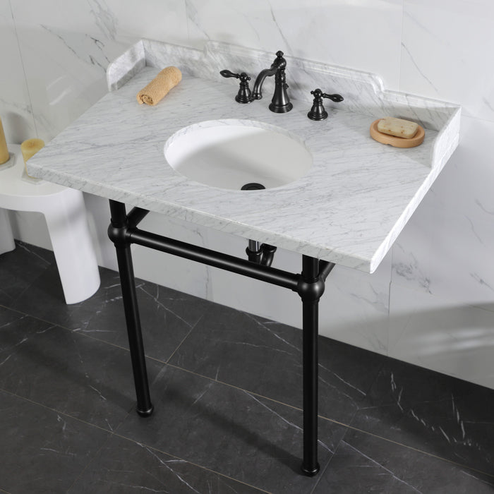Kingston Heirloom LMS36MB0 - Pemberton 36-Inch Carrara Marble Console Sink with Brass Legs (8-Inch, 3-Hole), Carrara Marble White/Matte Black