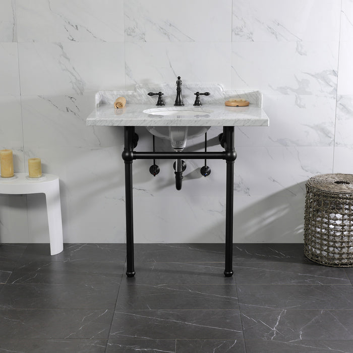Kingston Heirloom LMS36MB0 - Pemberton 36-Inch Carrara Marble Console Sink with Brass Legs (8-Inch, 3-Hole), Carrara Marble White/Matte Black