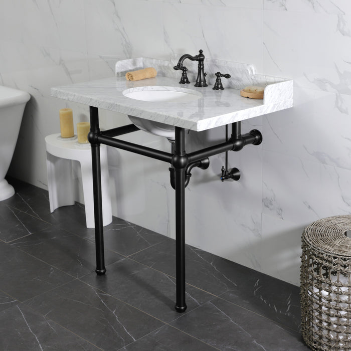 Kingston Heirloom LMS36MB0 - Pemberton 36-Inch Carrara Marble Console Sink with Brass Legs (8-Inch, 3-Hole), Carrara Marble White/Matte Black