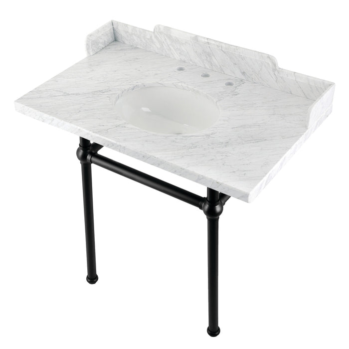 Kingston Heirloom LMS36MB0 - Pemberton 36-Inch Carrara Marble Console Sink with Brass Legs (8-Inch, 3-Hole), Carrara Marble White/Matte Black